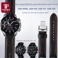 Leather Watch Strap 22mm for Casio watch EDIFICE EQB-800BL 900 501 500 Red Bull Racing Curved Interface Bracelet black red Strap