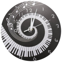 Elegant Piano Key Clock Music Notes Wave Round Modern Wall Clock Without Battery Black + White Acrylic