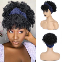 Short Afro Curly Headband Wig Fluffy Kinky Curly Wig with Head Band Natural Synthetic Puffy Curly Scarf Wigs for Women Cosplay
