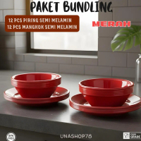 PAKET BUNDLING 2 LUSIN ( 12 PCS PIRING SEMI MELAMIN MERAH + 12 PCS MANGKOK SEMI MELAMIN MERAH ) - BP