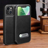 Genuine Leather Case For Iphone 15 Pro Max Case For Iphone 15Pro Cover Window View Coque For Iphone 15 Plus Phone Protector
