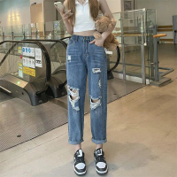 Seluar Jeans Kaki Lurus Koyak Pinggang Tinggi Wanita, Saiz Besar, Ketibaan Baru Musim Bunga, Panjang