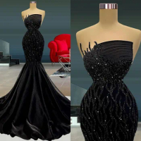 Black Mermaid Prom Party Satin Dresses Bateau Sleeveless Appliques Sequins Evening Gowns Women Formal Pageant Gowns Bridal Gowns