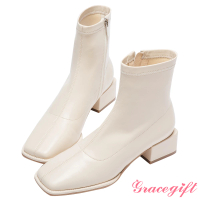 【Grace Gift】innisfree韓系聯名-韓系方頭造型中跟短靴(米白)