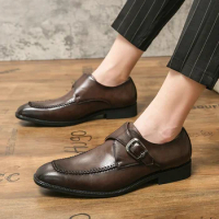 Big Size Luxury Genuine Leather Monk Strap Mens Shoes Brogue Ostrich Printed Cap Toe Buckle Design Casual Business Shoes for Men