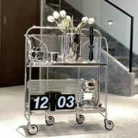 Foldable Transparent Glass Dining Car with Wheel Brake Trolley Home Kitchen Bar Side Table Living Room Mobile Shelf Furniture