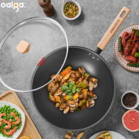 Authentic Chinese Wok with Glass Cover Non-stick Gas Cooker Compatible Round Bottom Chinese Healthy Cooking Iron Wok Cooking Pot