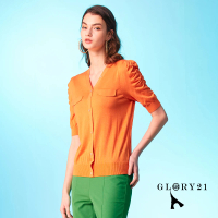 【GLORY21】速達-網路獨賣款-優雅V領假開襟短袖針織上衣(橘色)