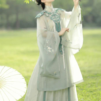 Women Lady Collared Ming Dynasty Gown Pleated Long Cardigan Skirt Set Traditional Chinese Han Fu