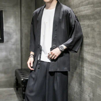 Plus Size M-5XL Chinese Style Suit Kimono Cardigan Samurai Costume Harajuku Streetwear Loose Cosplay Yukata Tops Pants Set