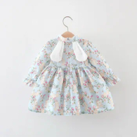 Girls Spring and Autumn Chinese Style Qipao Skirt Long sleeved Fragmented Flower Rabbit Ear Hanfu Skirt for Girls