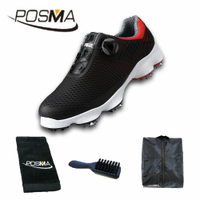 高爾夫球鞋 男士防水運動鞋 寬版鞋底 旋轉鞋帶鞋  GSH106 黑 紅  配POSMA鞋包 2合1清潔刷     高爾夫球毛巾