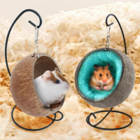 Natural Coconut Hamster Hideout Hammock with Cushion Suspension Coconut Husk Hamster Bed House with Warm Pad For Small Animal
