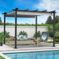 Upgraded Canopy with Adjustable Roof Metal Patio Pergola Wood Grain-Look Aluminum Perfect for Backya