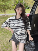 黑白條紋短袖t恤女夏季新款韓版寬松慵懶風中長款體恤上衣