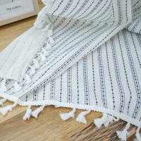 140x50cm Simple Fresh Linen Fabric Blue Stripes Printed Polyester Linen Handmade DIY Curtain Tablecloth Sofa Cloth Sewing Fabric