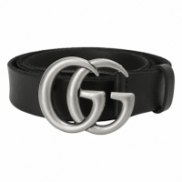 GUCCI-金屬銀雙G LOGO 牛皮革男版皮帶(黑)95cm