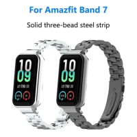 Metal Replacement Strap for Amazfit Band 7, Solid Stainless Steel, Three-Bead Metal Strap, Suitable for Amazfit Band 7