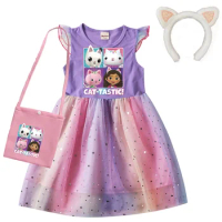 Gabby Cats Girls Summer Gabby's Dollhouse Dress Baby Kids Cosplay Princess Robe Toddler Birthday Party Dresses with Bag Headwear