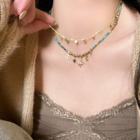 Vintage Colorful Bead Metal Chain Necklace for Women Gothic Punk Star Pendant Necklace Jewelry Y2K