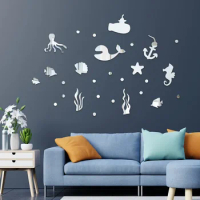 Marine animal acrylic Mirror Wall Stickers children's room Bathroom Wall Decoration Self-pasting Drawing paper Bedroom wallpaper