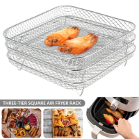 3Layer Air Fryer Racks Stainless Steel Square Air Fryer Basket Tray Stackable Dehydrator Racks Air Fryer Accessories Fit Kitchen