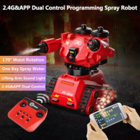 APP Dual Control Fire fighting RC Robot 2.4G One Key Spray Water 170° Waist Rotate Lifting Arm Sound Light Remote Control Robot