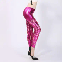 Women Skinny Pants Shiny Fish Scale Skinny Pants for Women with Elastic Waistband Stage Performance Trousers Disco Party Costume