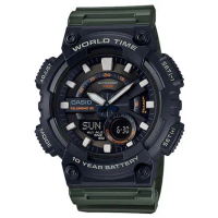 CASIO 卡西歐 電子錶 雙顯男錶 樹脂錶帶 防水100米 電話簿記錄 世界時間AEQ-110W-3A