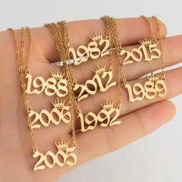 Stainless Steel Vintage Crown Digital Year of Birth Pendant Necklace Arabic Numera Christmas Gift Chain Jewelry for Girl Ladies
