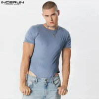 2024 Men Bodysuits Solid Color O-neck Short Sleeve Casual T Shirt Men Rompers Streetwear Fitness Fashion Bodysuit S-5XL INCERUN