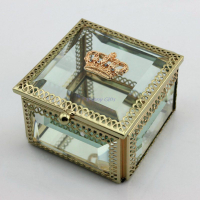 歐式金色皇冠玻璃首飾盒擺件創意銅色珠寶盒家居裝飾品包郵