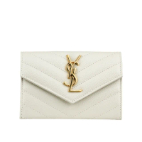 【YSL】山形紋荔枝皮金字logo小卡/短夾(復古白)