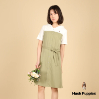 【Hush Puppies】女裝 洋裝 拼接假兩件連帽綁帶休閒洋裝(軍綠 / 43215104)