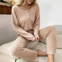 Women Pajama Set Women's Solid Color Waffle Texture Pajama Set with O-neck Top Wide Leg Pants Casual Sleepwear for Comfort