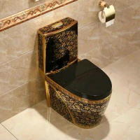 One Piece Black Closestool WC Pan Cyclone Fluishing S-Trap Floor Mounted Luxious Villa Bathroom Seat Toilet Wash Down Toilet