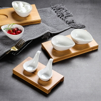 陶瓷魚子醬勺日式調味碟子芥末碟帶竹墊純白酒店餐具創意小吃碟