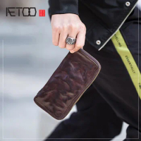 AETOO Leather retro men's long zipper wallet, vegetable tanned leather handmade wallet, men's multi-card fold wallet