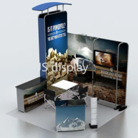 10ft Custom Portable Trade Show Booth Pop Up Display Backdrop Wall with Counter Lights TV Bracket