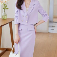 Yitimuceng Elegant Solid Skirt Suits for Women Fall Winter 2023 New Fashion Office Ladies Long Sleeve Crop Blazer 2 Piece Set