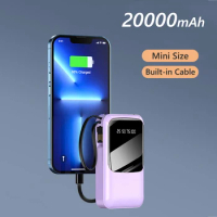 Mini Power Bank 20000mAh Built Cable LED Light Portable Charger for iPhone Samsung Xiaomi Huawei Powerbank External Battery Pack