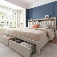 Bed Frame with Headboard and Storage, Upholstered Queen Bed Frame with Storage, Queen Size Bed Frame
