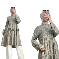 Atasan Tunik Rayon Motif Jumbo Size Xl sd Xxl Kain Kancing Wanita Muslim Navy Panjang Variasi Rempel