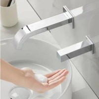59# Brass Hot Cold Water Sensor Faucet Wall Mounted Automatic Induction Faucet and Square Sensor Soap Dispenser 2PCS Set