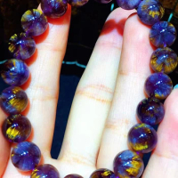 Natural Cacoxenite Auralite 23 Purple Rutilated Quartz Bracelet Flower 9.6mm Clear Round Beads Women Men AAAAAAA