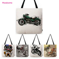 Cartoon Motorcycle Sketch Art Motor Biker Super Fans Water Resistant Cotton Linen Large Shoulder Tote Bag School Carrying Bag