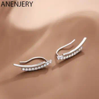 ANENJERY Silver Color Thin Curved Bar Stud Earrings for Women Smooth Small Geometric Zircon Earrings Minimalist Jewelry S-E1313
