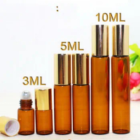 200PCS/LOT HOT SALE 3ml 5ml10ml Amber Glass Roll On Bottle, Perfume Roll-on Bottle With Gold Lids &amp; Stainless Steel Roller Ball