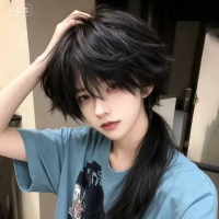 Wig ekor serigala, wig gaya rambut mullet ala anak laki-laki, wig cosplay anime panjang sedang yang 