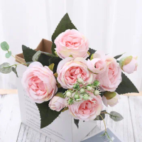 Rose Pink Silk Peony Artificial Flowers 5 Big Head 4 Small Bud Bouquet Fake Flower Diy Wedding Home Decoration Accessories